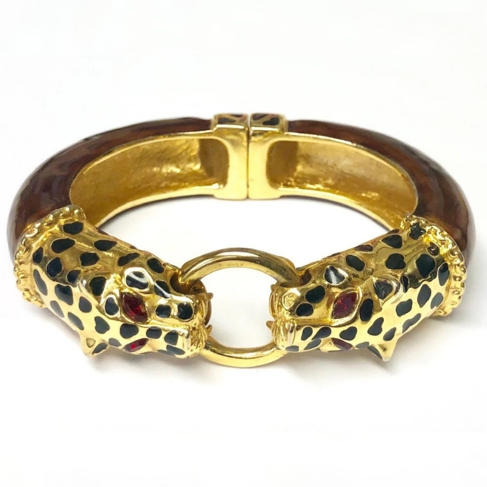 RARE Kenneth J Lane Gold with Brown Enamel Double Leopard Head Bracelet